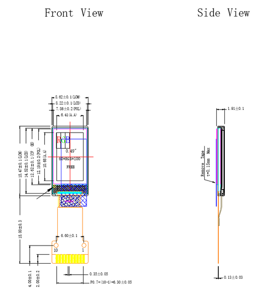 0.49インチ TFT LCDモジュール (60 x 100) [ST0049A1W-RSMLW-F]