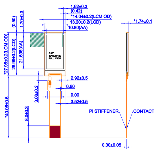 0.96インチ TFT LCDモジュール (80 x 160) [ST0096D6W-RSLW-F]