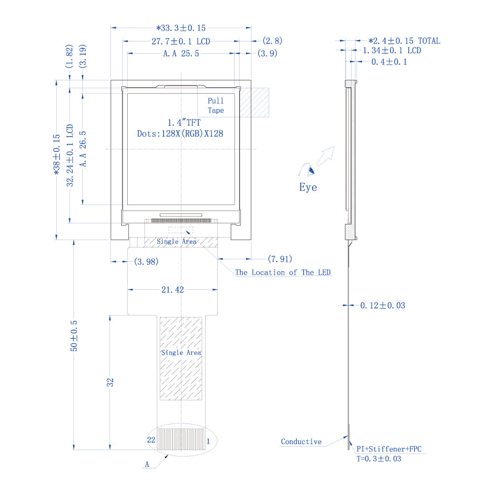 1.44" 正方形TFT LCDモジュール(128 x 128) [ST0144S4W-RSLW-F]