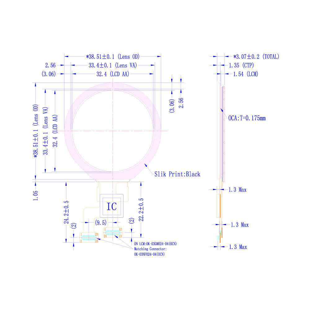 1.3" 円型 TFT LCDモジュール (240 x 240) 静電容量タッチパネル付き [ST0130H3WCYOL-RSLW-C]