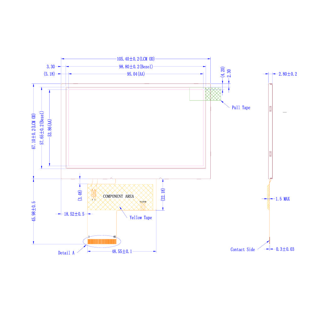 4.3" TFT LCDモジュール (800 x 480) [ST0430H3W-RSLW-F]