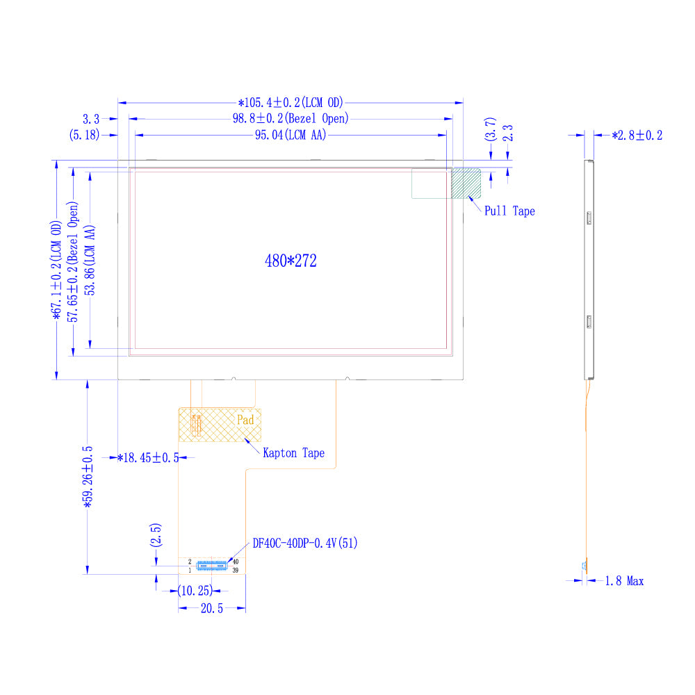 4.3" Ultra High Brightness TFT LCD Module (480 x 272) [ST0430H7W-RSHLW-F] Sunlight Readable