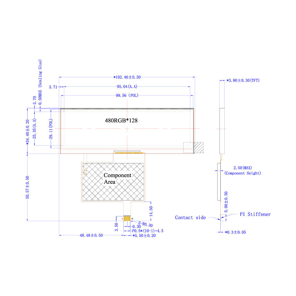 3.9" Bar-Type TFT LCD Module (480 x 128) [ST0390H1W-RSLW-F]