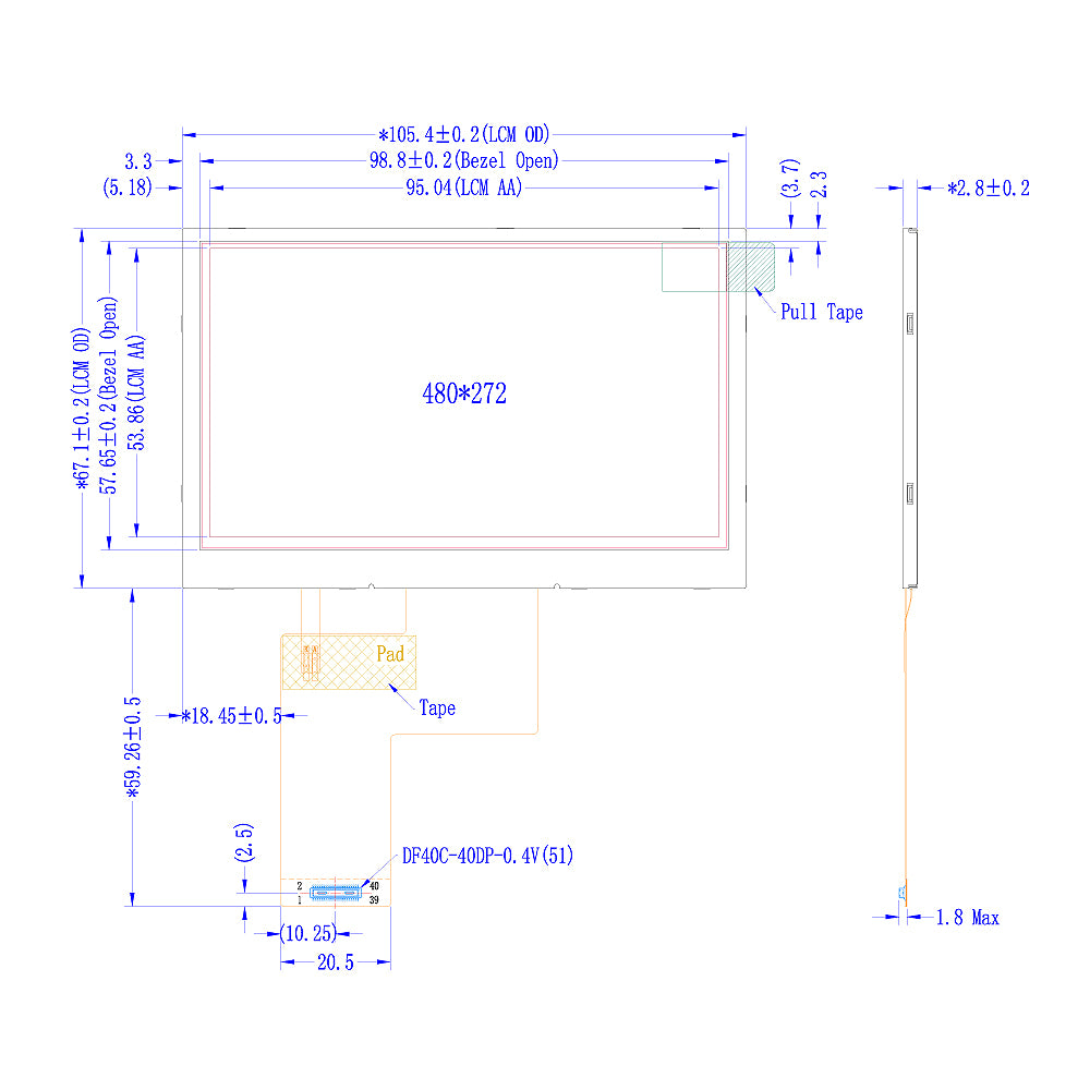 4.3" TFT LCDモジュール (480 x 272) 広視野角品 [ST0430H4W-RSLW-C]