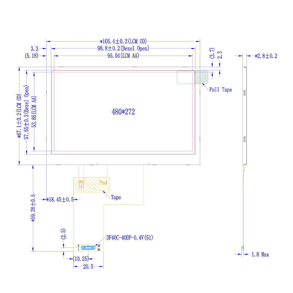 4.3" TFT LCDモジュール (480 x 272) 静電容量タッチパネル付き [ST0430H4WCY-RSLW-C]