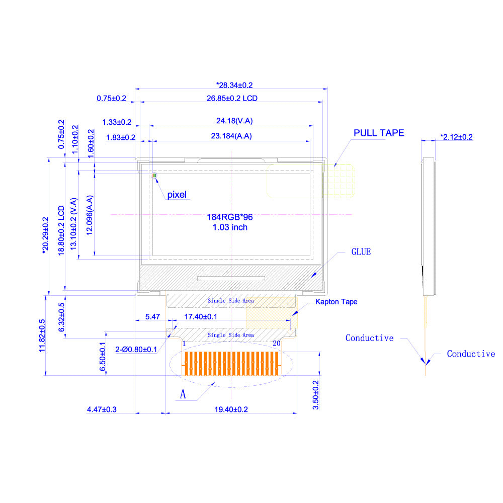 1.03" TFT LCDモジュール (184 x 96) [ST0103A2W-WSNLW-F]