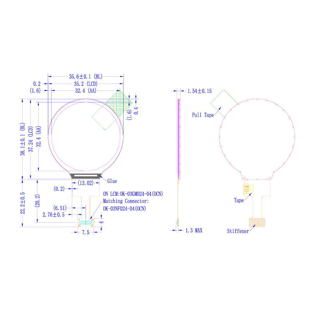 1.3" 円型TFT LCDモジュール (240 x 240) [ST0130H3W-RSLW-C]