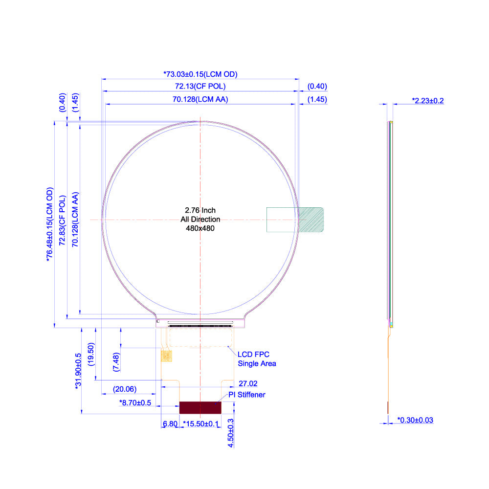 2.76" Round TFT LCD Module (480 x 480) [ST0276A1W-RSMLW-F]