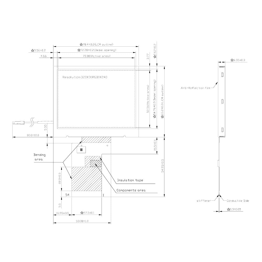 3.5" 超高輝度 TFT LCDモジュール (320 x 240) 1,400cd/m2 [ST0350T8WA1-RSHLW-F] Sunlight Readable