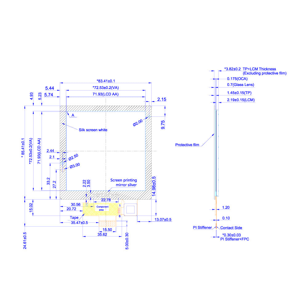 4" Square TFT LCD Module (720 x 720) with Capacitive Touch [ST0395B1WCYOL-RSLW-F]