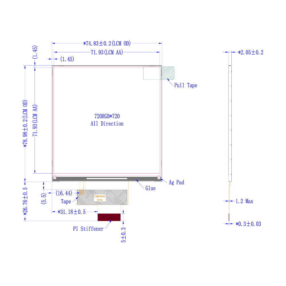 4.0" 正方形 TFT LCDモジュール (720 x 720) 高精細タイプ [ST0395B3W-RSLW-F]