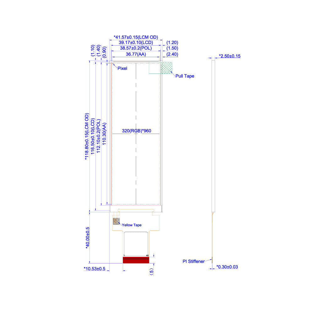 4.58" バータイプ TFT LCDモジュール (320 x 960) [ST0458A1W-RSLW-F]