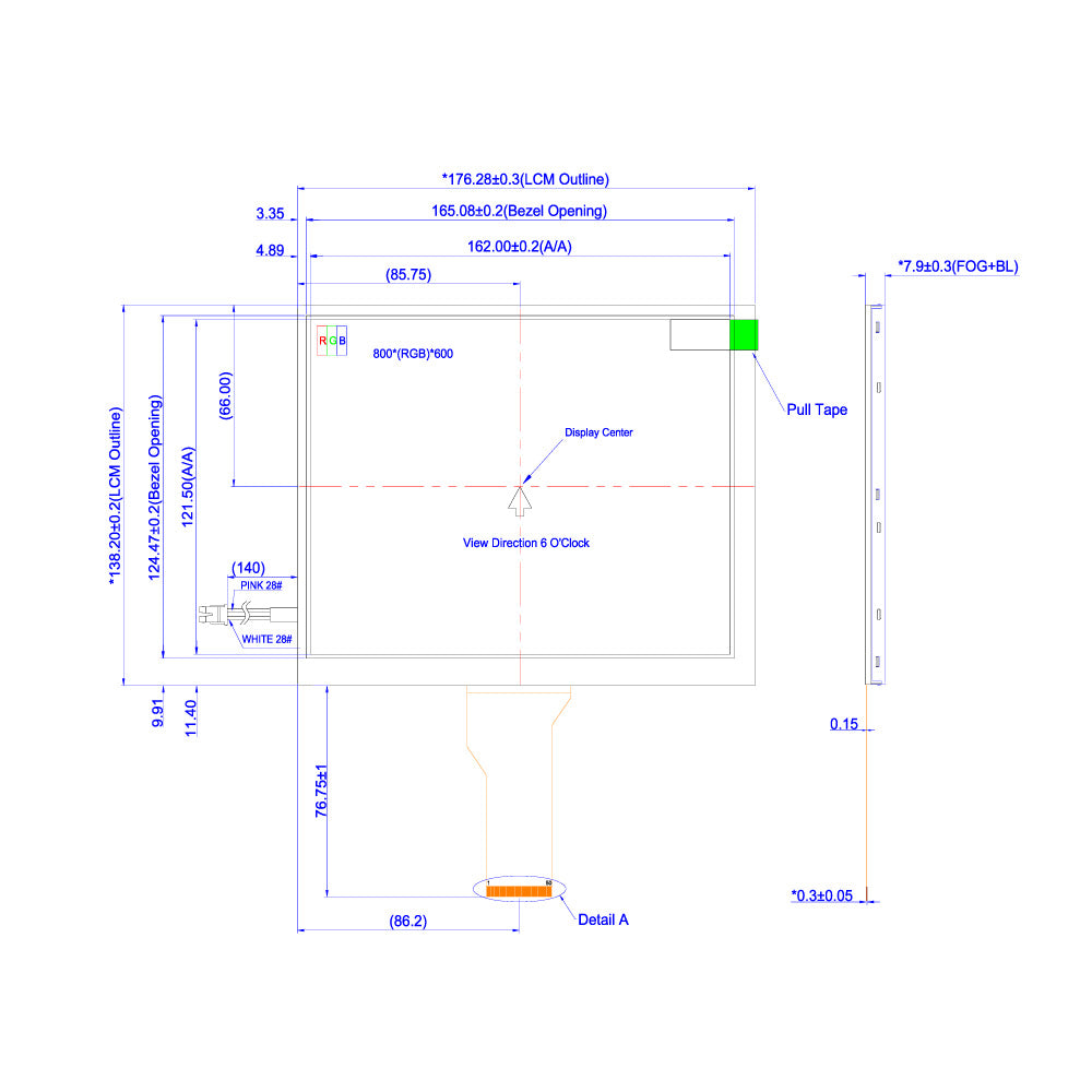 8.0" Ultra High Brightness TFT LCD Module (800 x 600) [ST0800C11W-RSCLW-F] Sunlight Readable